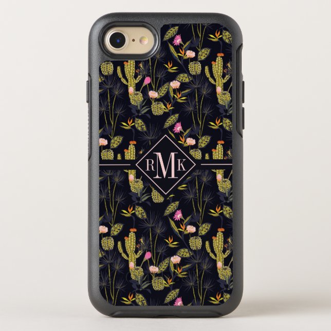 Monogram | Dark Summer Night Cactus Pattern Otterbox iPhone Case (Back)