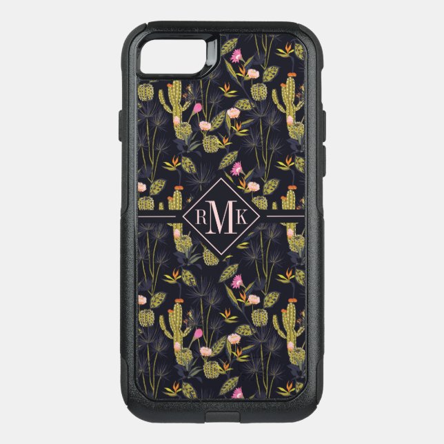 Monogram | Dark Summer Night Cactus Pattern Otterbox iPhone Case (Back)