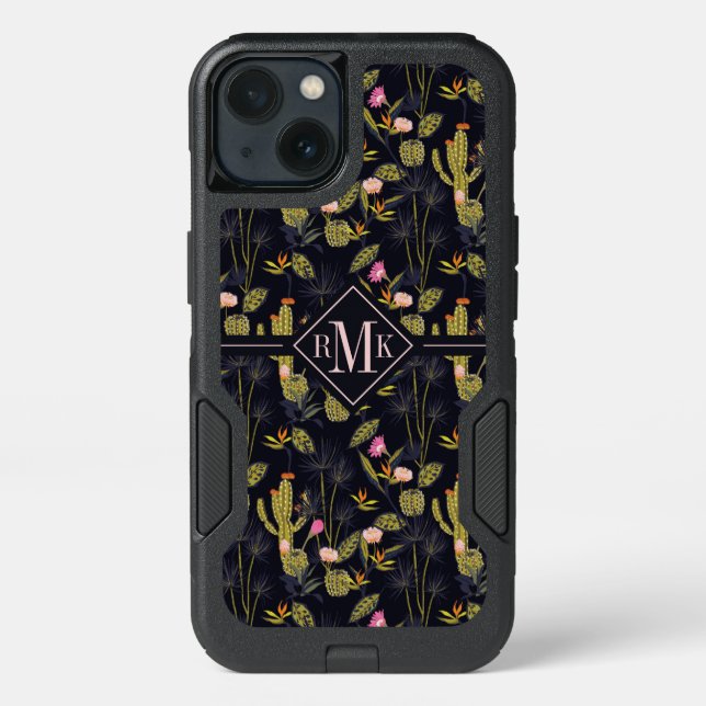 Monogram | Dark Summer Night Cactus Pattern Otterbox iPhone Case (Back)