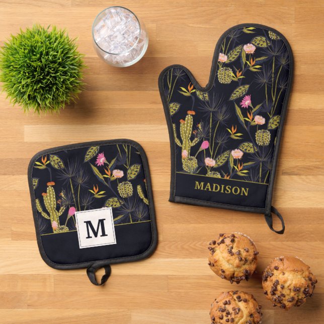 Monogram | Dark Summer Night Cactus Pattern Oven Mitt & Pot Holder Set (Top Down)