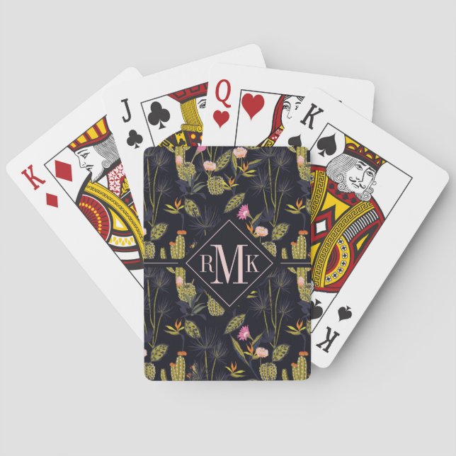 Monogram | Dark Summer Night Cactus Pattern Poker Cards (Back)