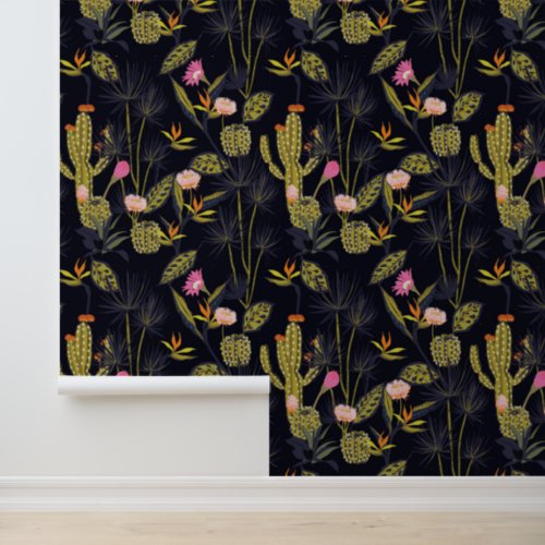 Monogram  Dark Summer Night Cactus Pattern Wallpaper