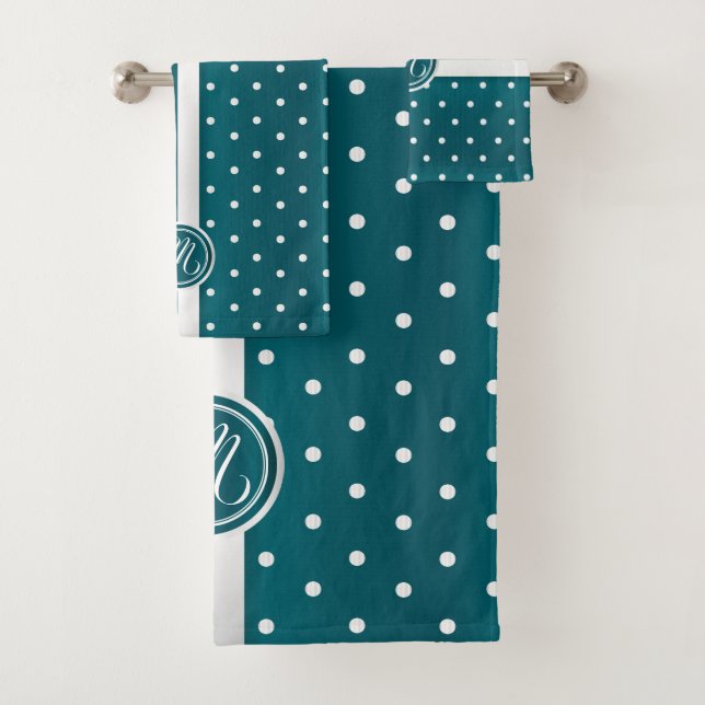 Monogram Dark Teal and White Polka Dot Pattern Bath Towel Set (Insitu)