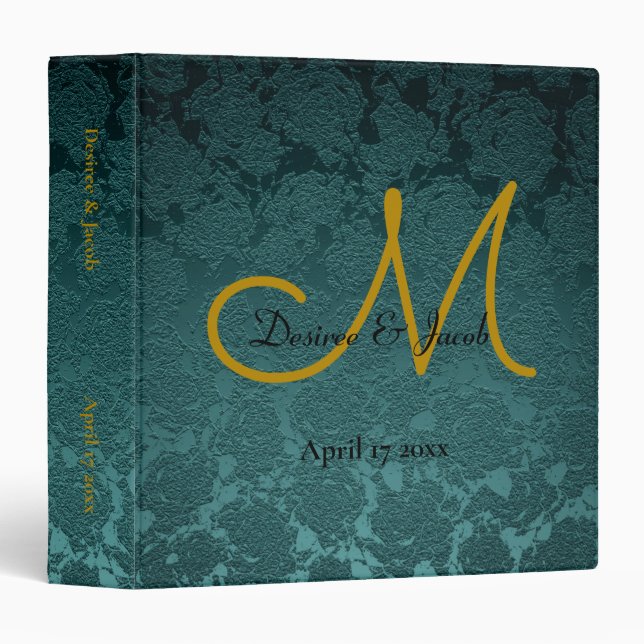 Monogram Dark Teal Gold Black Wedding Album 3 Ring Binder (Front/Spine)