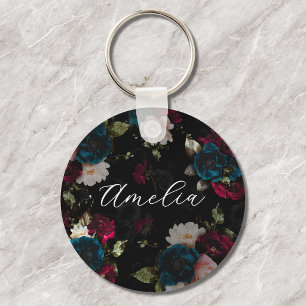 Monogram Dark Turquoise Red Floral Bloom Keychain