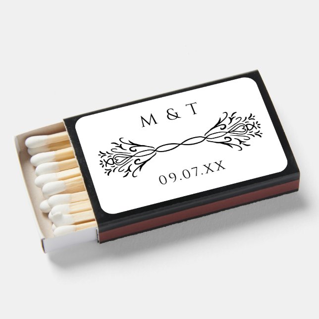 Monogram Date Modern Elegant Unique Wedding Favor Matchboxes (Front Open)