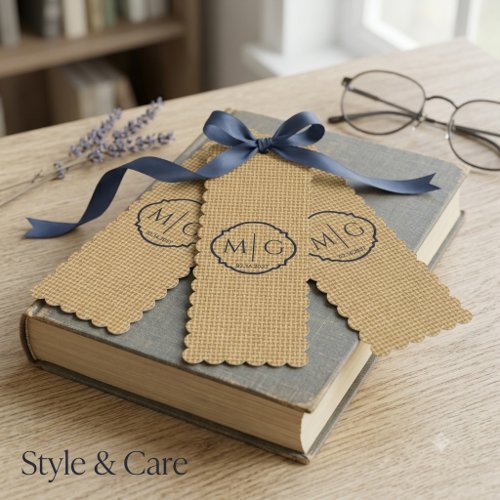 Monogram Date on Jute Burlap Fabric TexturePattern Bookmarks