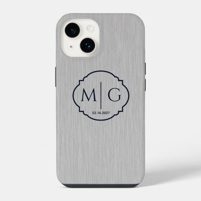 Monogram Date Premium Brushed Silver Metal Texture iPhone Case (Back)