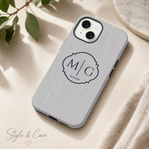 Monogram Date Premium Brushed Silver Metal Texture iPhone 13 Case