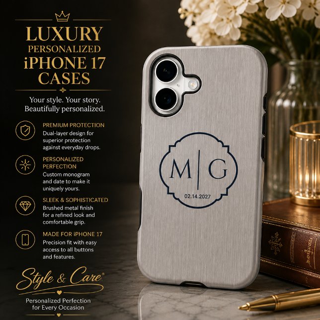 Monogram Date Premium Brushed Silver Metal Texture iPhone Case (Monogram Date Premium Brushed Silver Metal Texture iPhone 17 Case)