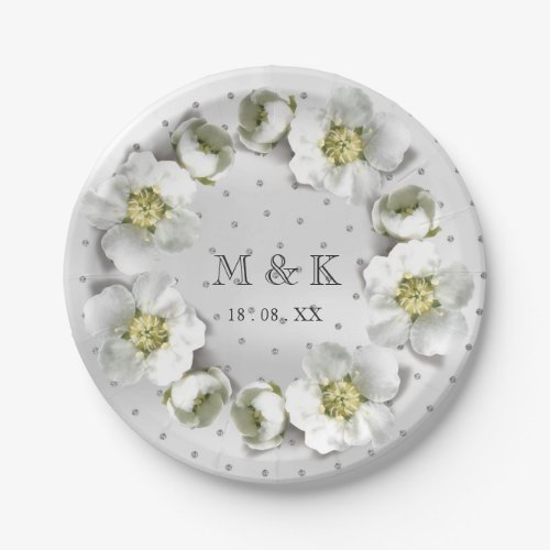 Monogram Date  Silver Gray Crystals Floral Wreath Paper Plates