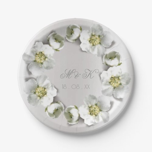 Monogram Date  Silver Gray Pearly Floral Wreath Paper Plates