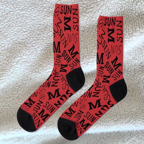 Monogram Day Of Week Red And Black Sunday Socks