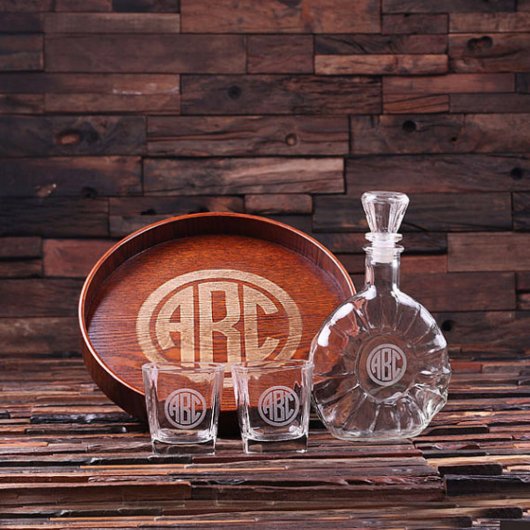 Monogram Decanter Set with Tray & Whiskey Glasses (Front)