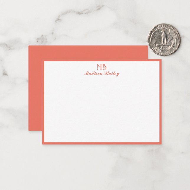 Monogram Decorative Typography | Coral Note Card (Front/Back In Situ)