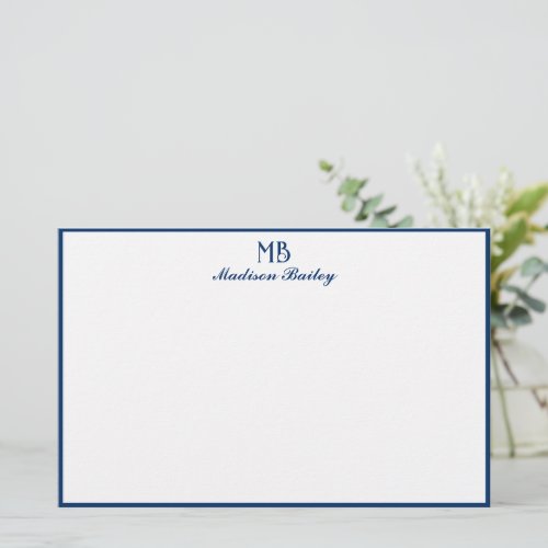 Monogram Decorative Typography Navy Blue Border Stationery