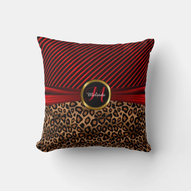 Monogram Deep Red Leopard Animal Print Throw Pillow (Front)