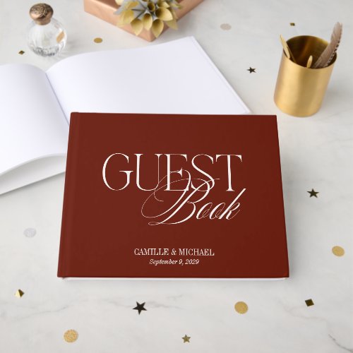 Monogram Deep Terracotta Red Wedding Guest Book
