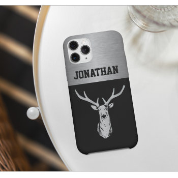 Monogram Deer Black Silver Stag Hunting Buck Iphone 15 Case by TheShirtBox at Zazzle