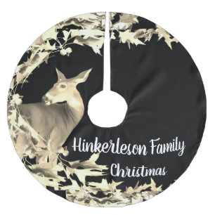 Monogram Deer Doe Gold Leaves Vines Brown Black Brushed Polyester Tree Skirt