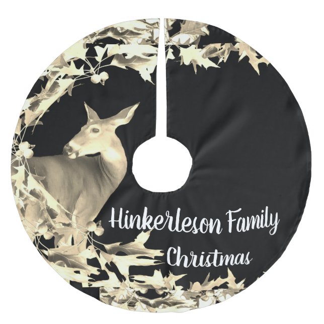 Monogram Deer Doe Gold Leaves Vines Brown Black Brushed Polyester Tree Skirt (Front)