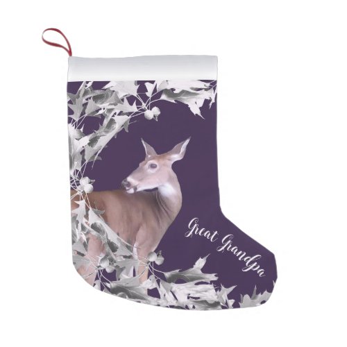 Monogram Deer Doe Silver Leaves Vines Plum Purple Small Christmas Stocking