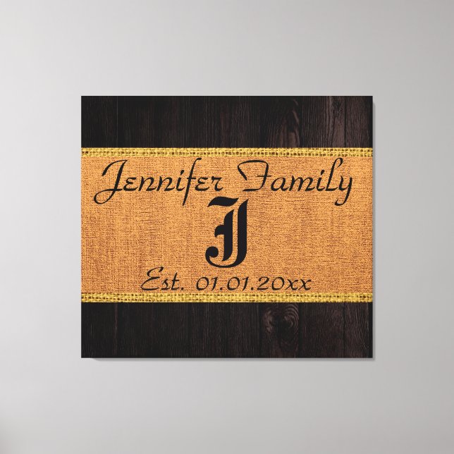 Monogram Deer Rustic Burlap Linen Wood Look Canvas Print (Front)