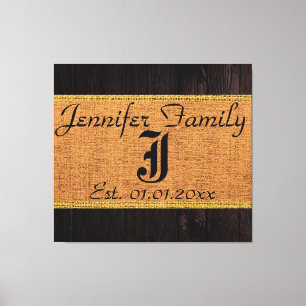 Monogram Deer Rustic Burlap Linen Wood Look Canvas Print