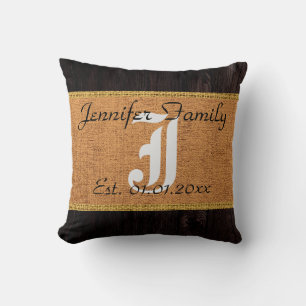 Monogram Deer Rustic Burlap Linen Wood Look Throw Pillow