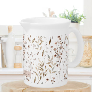 Monogram Delicate Brown Wildflowers Leaves Beverage Pitcher