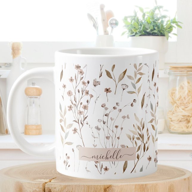 Monogram Delicate Brown Wildflowers Leaves Giant Coffee Mug (In situ)