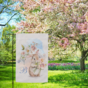 Monogram Delicate Spring Baby Bunny Floral Bouquet Garden Flag