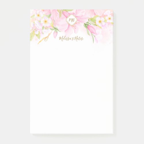 Monogram Delicate Watercolor Botanical Pink Floral Post_it Notes