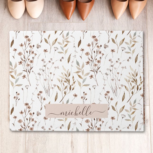 Monogram Delicate Watercolor Brown Flowers Leaves Doormat (In situ)