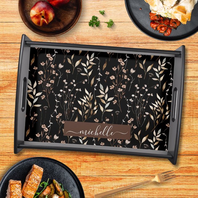 Monogram Delicate Watercolor Dried Flowers Leaves Serving Tray (In situ)