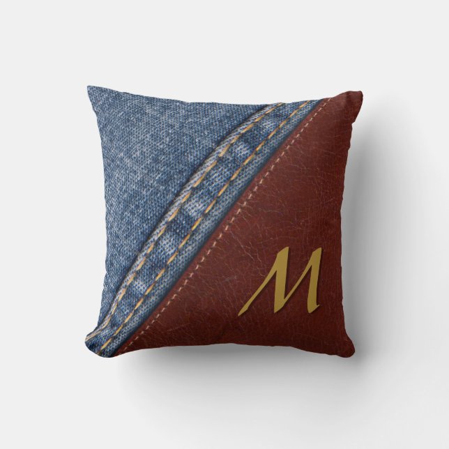 Monogram Denim and Leather Throw Pillow (Front)