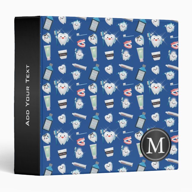Monogram - Dental Pattern - Dark Blue 3 Ring Binder (Front/Spine)