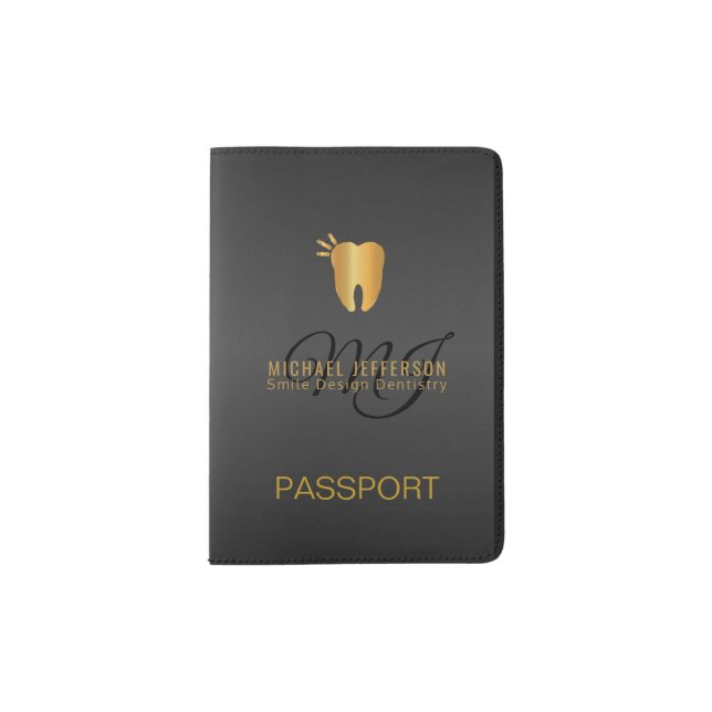 Monogram Dentist - Black and Gold Passport Holder (Front)