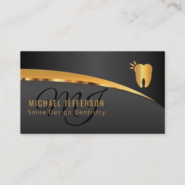 Monogram Dentist Office  - Black and Gold Business Card (Front)