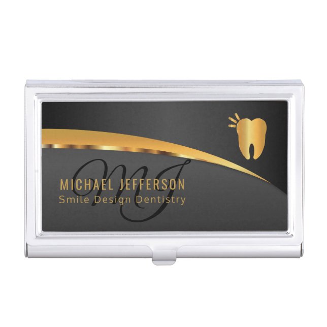 Monogram Dentist Office  - Black and Gold Business Card Case (Front)