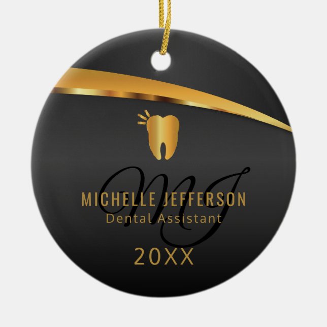 Monogram Dentist 🦷 Office  - Black and Gold Ceramic Ornament (Front)