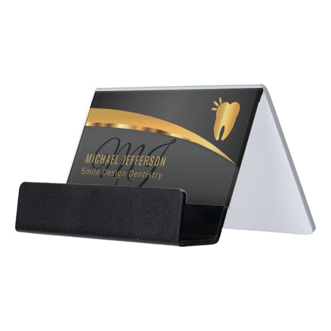 Monogram Dentist Office  - Black and Gold Desk Business Card Holder (Angled Front)
