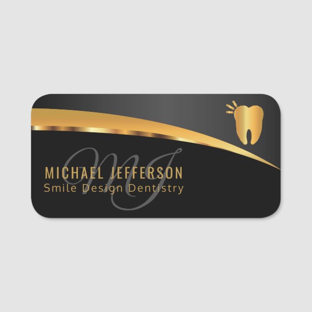 Monogram Dentist Office  - Black and Gold Name Tag (Front)