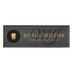 Monogram Dentist Office  - Black and Gold Name Tag