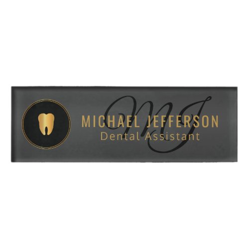Monogram Dentist Office  _ Black and Gold Name Tag