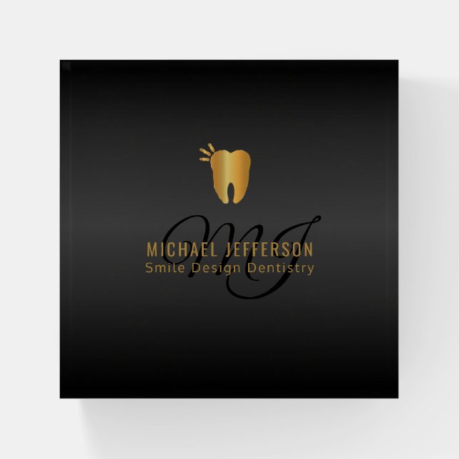 Monogram Dentist Office  - Black and Gold Paperweight (Front)