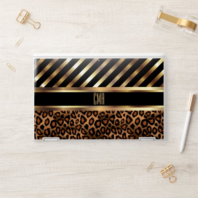 Monogram Design |  Gold Stripes and Leopard HP Laptop Skin (Desk)