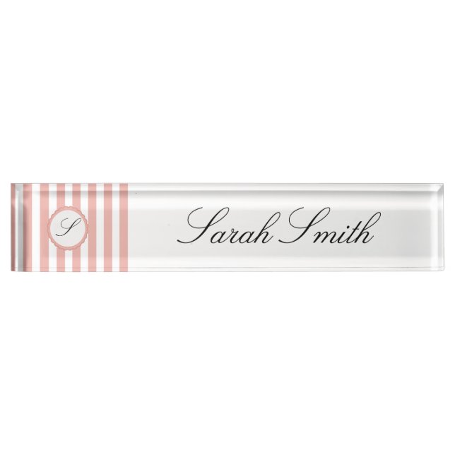 Monogram Desk Name Plate Pink White Striped (Front)