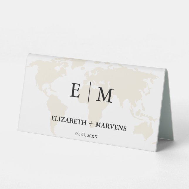 Monogram destination travel theme wedding table tent (Back)