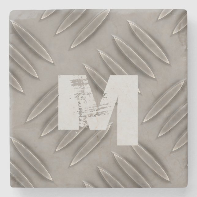 Monogram Diamond Gray Metal Plate Stone Coaster (Front)